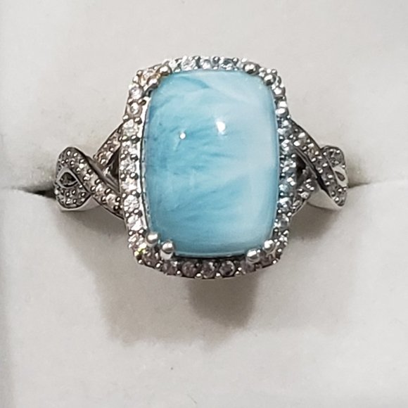 Larimar & White Zircon split shank halo ring Platinum over 925 Sterling 8 cts - Picture 1 of 5